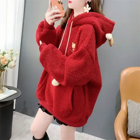 新年圣诞红色加绒羊羔毛卫衣外套女2023年新款秋冬宽松设计感上衣商品大图