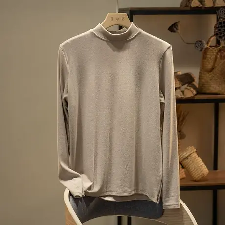 享永子半高领打底衫女纯色休闲内搭T恤上衣宽松显瘦2024秋季新款商品大图