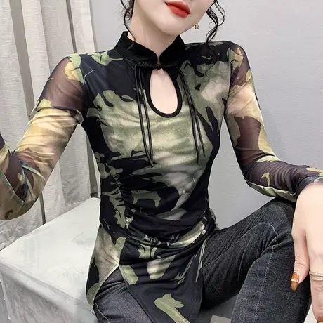 性感镂空网纱T恤女长袖气质漂亮扎染印花上衣不规则盘扣打底衫ins商品大图