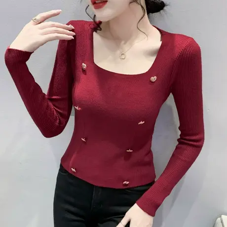 方领短款针织打底衫女长袖春秋2024新款纯色百搭上衣气质修身毛衣图片