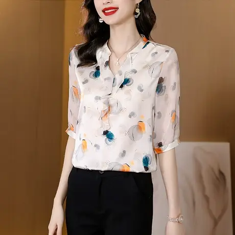 衬衫女2023年夏新款真丝v领衬衣设计感小众五分袖洋气雪纺衫上衣商品大图