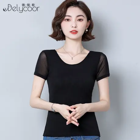 2025女夏新款圆领黑色网纱打底衫上衣款短袖T恤显瘦洋气百搭纱衣商品大图