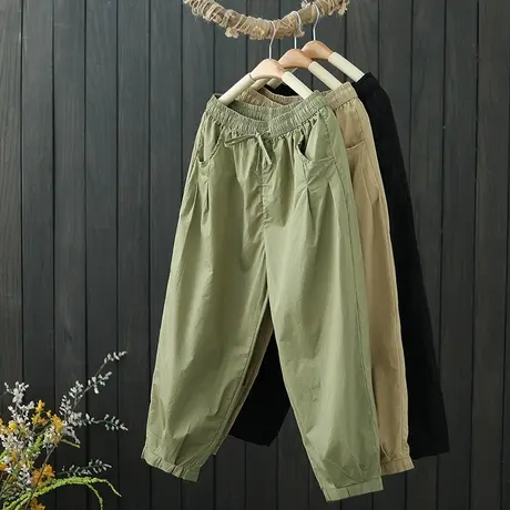 文艺松紧腰系带纯色棉质哈伦裤女夏季2022新款宽松百搭休闲九分裤商品大图