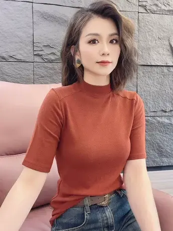 短袖春秋2023新款欧货显瘦正肩T恤女洋气减龄内搭打底衫流行上衣图片