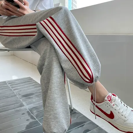 灰色运动裤女夏季薄款高腰休闲直筒小个子宽松束脚春秋棉阔腿卫裤商品大图