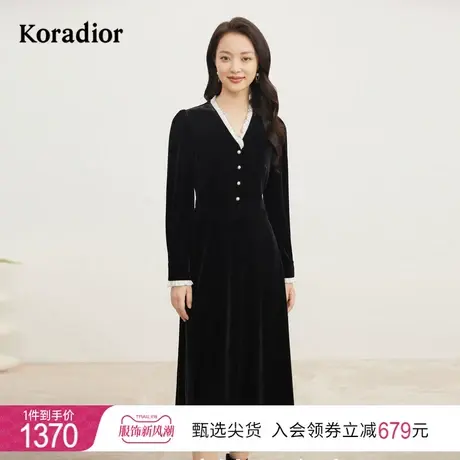 珂莱蒂尔女装2023秋冬季撞色木耳领边精致优雅v领丝绒长袖连衣裙图片