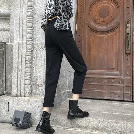 加绒黑色牛仔裤女宽松秋冬季高腰显瘦九分哈伦直筒萝卜老爹裤子商品大图