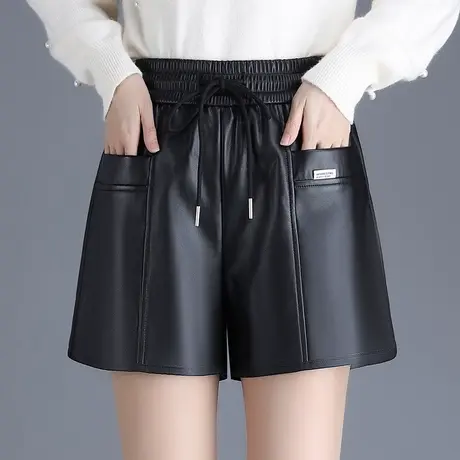 黑色PU皮短裤女秋冬外穿2023新款松紧腰系带阔腿裤百搭休闲皮裤潮商品大图