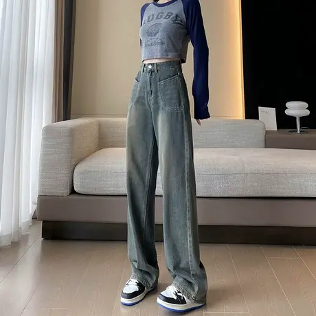 美式复古阔腿牛仔裤女2023秋季新款高腰显瘦宽松垂感拖地直筒裤子商品大图