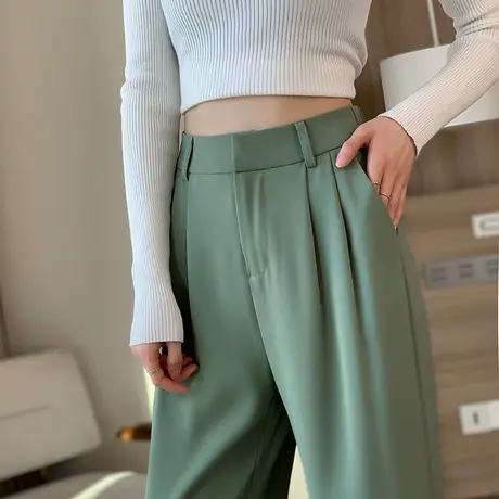 绿色西装阔腿裤女春秋薄款高腰垂感宽松显瘦小个子休闲直筒加长裤商品大图