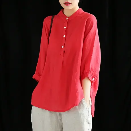 DZA文艺棉麻衬衫女中袖宽松韩版衬衣秋季2022新款五分袖亚麻上衣图片