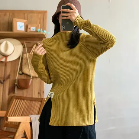 dza 复古半高圆领针织衫女秋冬洋气下摆开叉毛衣宽松内搭打底上衣图片