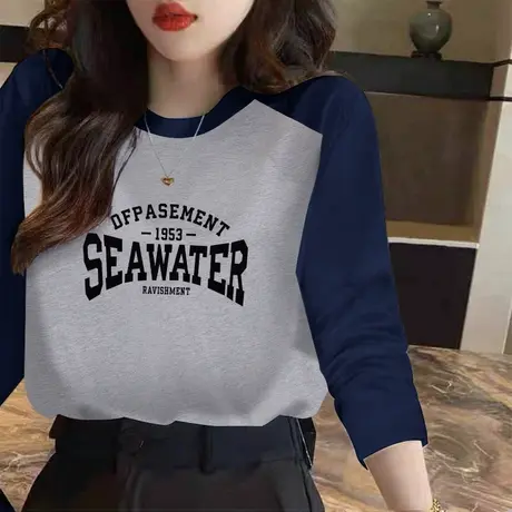 长袖t恤女宽松纯棉薄款上衣2022年初秋新款百搭别致插肩袖上衣服图片