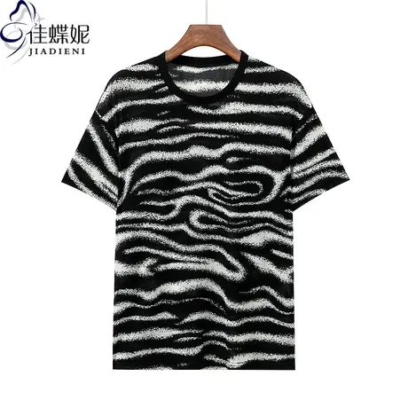 夏季新款圆领宽松大码撞色水波纹网纱透明短袖体恤上衣女装打底衫商品大图