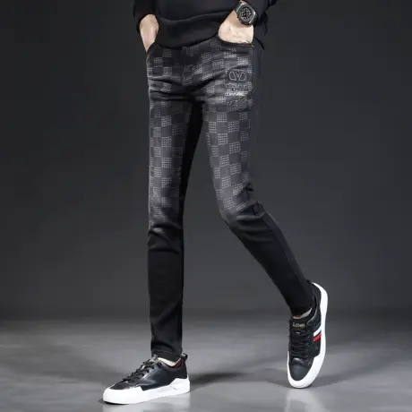 高级牛仔裤男秋季新款黑色修身小脚时尚格纹刺绣男士弹力休闲长裤图片