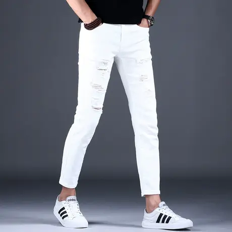 男款白色九分牛仔裤男2023新款秋冬裤子男士休闲弹力百搭修身小脚商品大图