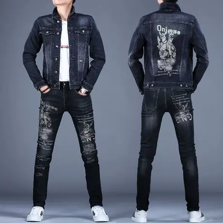 秋冬黑色印花牛仔套装男修身弹力百搭牛仔上衣男士夹克外套休闲潮图片