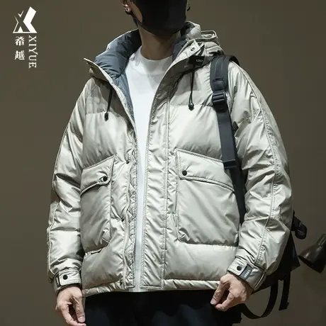 希越鸭绒羽绒服男士冬季工装连帽外套宽松大码加绒加厚美式冲锋衣商品大图
