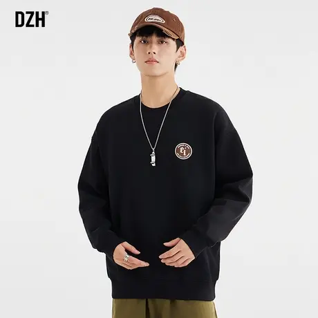 男士黑色重磅卫衣男圆领春秋长袖上衣2023新款宽松打底衫休闲外套商品大图