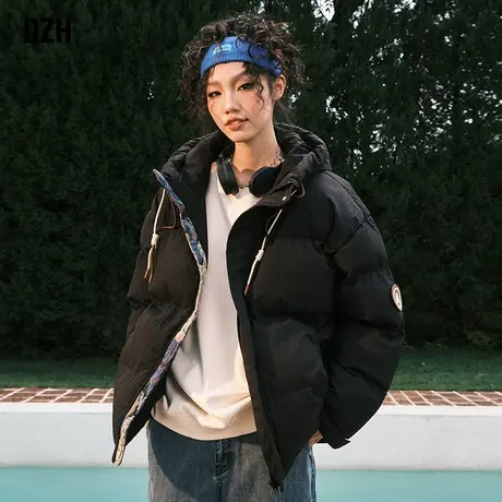 男士黑色潮牌连帽棉服男女同款冬季加厚2023年新款美式面包服外套商品大图