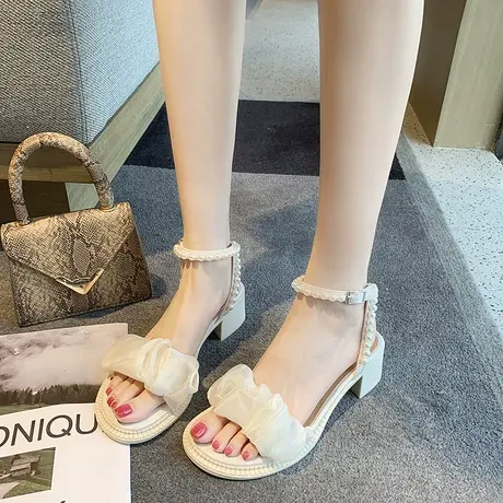 网红法式超仙凉鞋女中跟2024新款夏季粗跟小众百搭仙女风温柔淑女商品大图