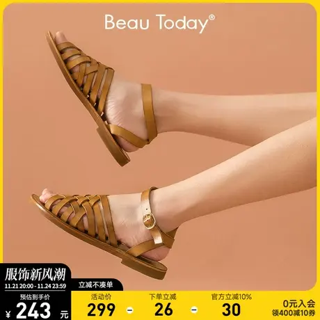 BeauToday平底凉鞋女鞋夏季罗马凉鞋真皮英伦风编织复古软皮ins潮商品大图