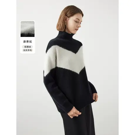 朗姿羊毛半高领撞色气质毛衣2023奥莱高级感毛针织衫冬季内搭上衣图片