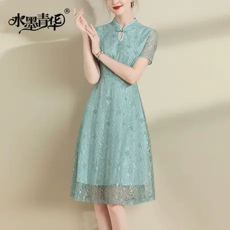 【1件7.9折】夏季新款新中式改良旗袍裙优雅气质盘扣蕾丝连衣裙商品大图