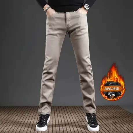 香港卡其色加绒牛仔裤男款修身直筒秋冬2023新款弹力男士裤子冬季商品大图