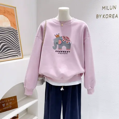 小个子加绒卫衣韩代秋冬款民族风小象假两件摇粒绒上衣设计感时髦图片