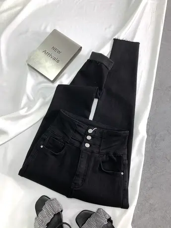 排扣加绒牛仔小脚裤女2023冬季新款显瘦百搭高腰弹力包臀靴裤图片