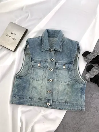 美式磨白复古立领牛仔马甲2023冬季新款显瘦百搭无袖提花坎肩马夹图片