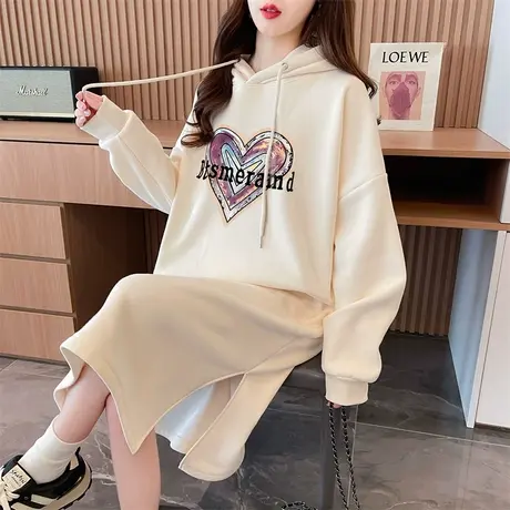 卫衣女秋冬韩版宽松大码加绒加厚中长款过膝保暖百搭连衣裙子外套图片