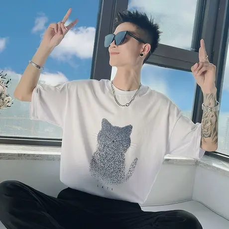 夏季男士t恤打底衫短袖半袖宽松潮流小猫图案潮牌休闲ins情侣体恤商品大图