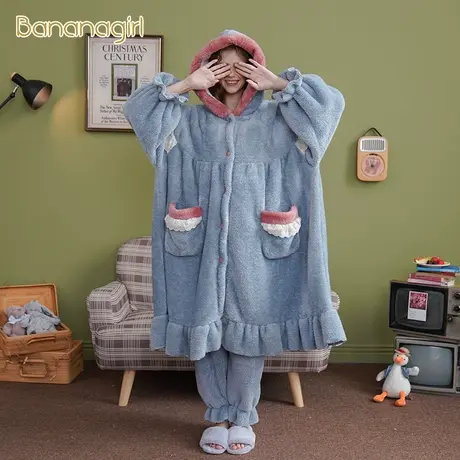 Bananagirl睡衣秋冬女珊瑚绒可爱睡袍长款加厚保暖可外穿家居服女商品大图