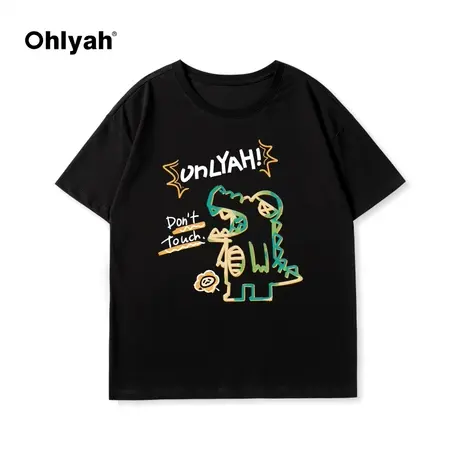 Ohlyah2025春夏新款纯棉手绘小恐龙印花短袖T恤男女圆领大码上衣图片