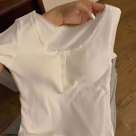 时髦洋气蕾丝打底衫女内搭春秋德绒长袖T恤韩版修身显瘦白色上衣商品大图
