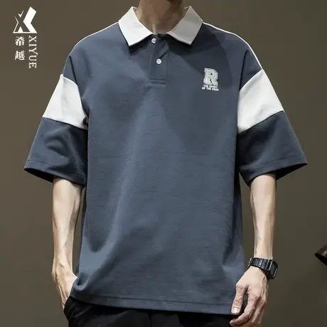 希越发泡印花撞色短袖POLO衫男士2024春夏新款宽松大码夏季短T恤图片