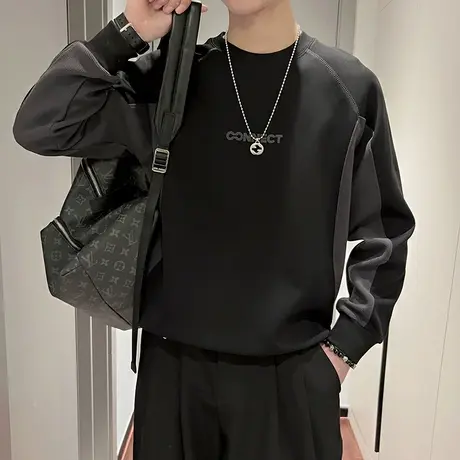 卫衣男ins韩版撞色拼接小众圆领上衣体恤春季2024新款休闲T恤长袖商品大图