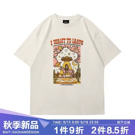 INS风美式重磅短袖情侣t恤衫夏季复古牛仔女郎系列宽松大码半截袖商品大图