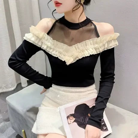 气质辣妹圆领打底衫女长袖性感露肩上衣洋气木耳边网纱拼接T恤ins商品大图