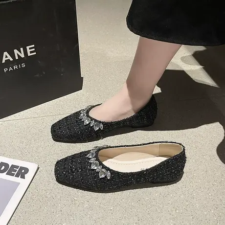 时尚平底玛丽珍鞋女2024春夏季新款浅口透气单鞋法式方头水钻瓢鞋图片