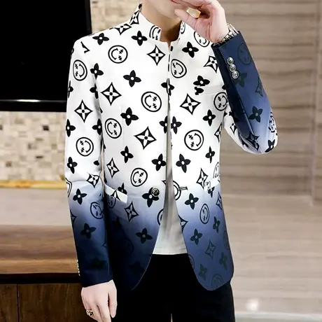 男士立领休闲外套潮流秋季新款时尚中山装夹克青年韩版帅气花西装商品大图