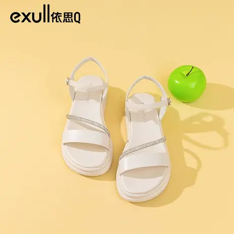 依思q平底凉鞋女款2024年夏季新款水钻时尚法式一字扣带厚底休闲商品大图