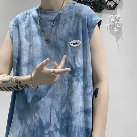 夏季男士背心潮流宽松无袖t恤坎肩港风圆领扎染休闲运动砍袖衣服商品大图