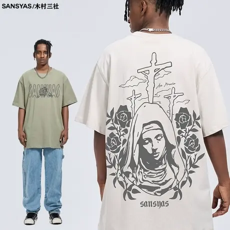 木村三社圣母印花美式复古t恤男高街潮牌潮流全棉夏天短袖体恤商品大图