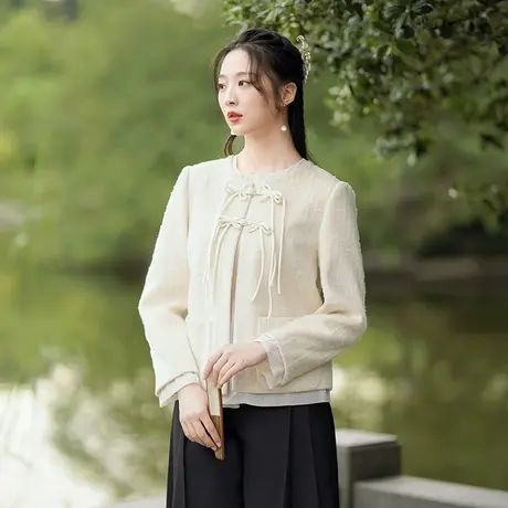 素飞新中式短外套国风唐装女装2022秋冬欧贝植绒呢料盘扣茶服上衣图片