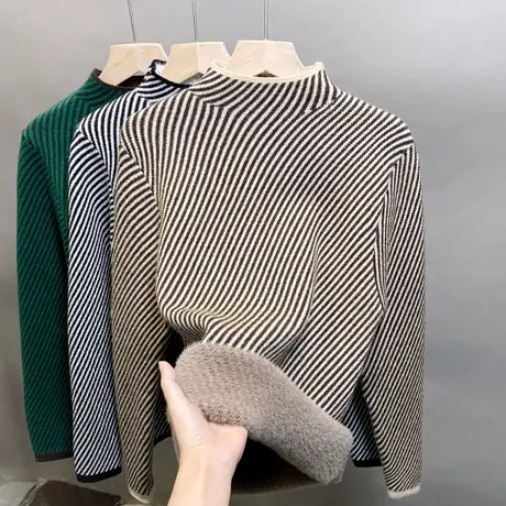 加绒半高领毛衣女一体绒打底衫2023秋冬新款针织衫内搭加厚上衣潮商品大图