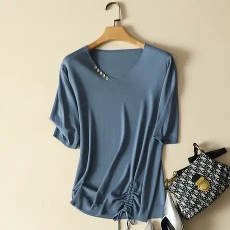 短袖v领t恤女2022年新款衣服夏季女士抽绳上衣薄款宽松冰丝针织衫商品大图