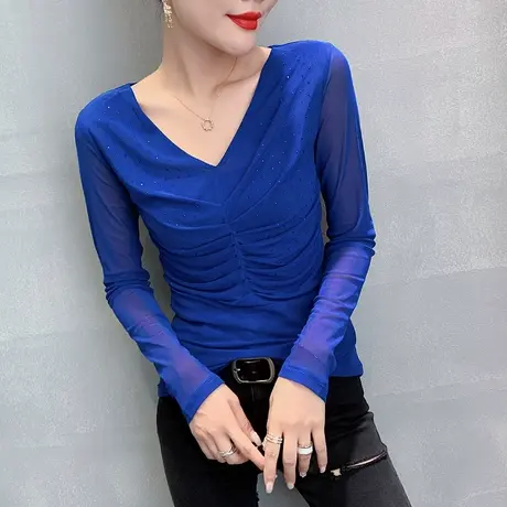 2023春秋新款时尚烫钻V领T恤女长袖修身网纱上衣洋气百搭打底衫潮商品大图